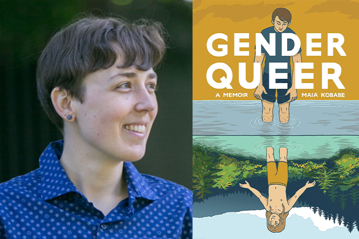 A person with short brown hair and a blue patterned shirt smiles beside the cover of Gender Queer: A Memoir by Maia Kobabe, featuring an illustrated figure standing and reflected in water.