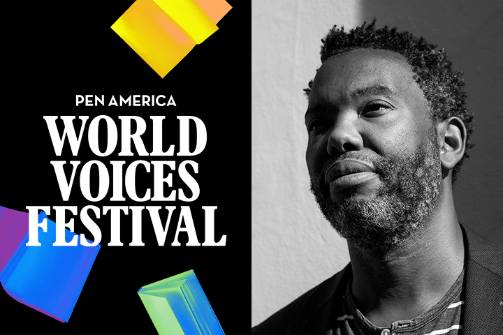 Split-image with “PEN America World Voices Festival” text and colorful shapes on the left, and a black-and-white portrait of a bearded man in shadow on the right.