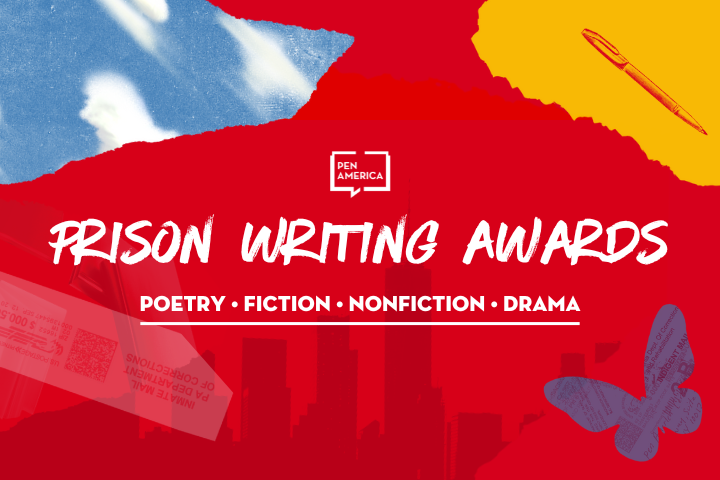 A colorful graphic with text: “PEN America Prison Writing Awards. Poetry, Fiction, Nonfiction, Drama.” The background features abstract clouds, a fountain pen, paper, and a butterfly silhouette.