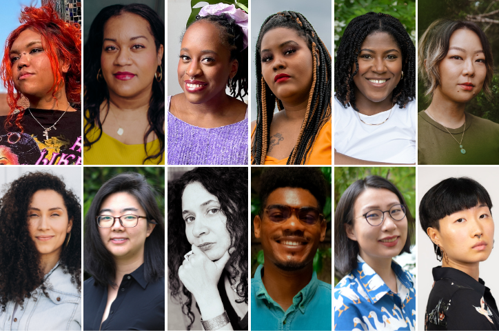 A collage of twelve people of diverse genders, skin tones, and hairstyles, all facing the camera and smiling or with neutral expressions, set against various outdoor and indoor backgrounds.