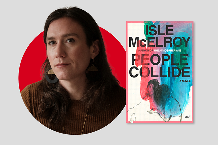 A person with long brown hair and large circular earrings poses beside the cover of the book People Collide by Isle McElroy, which features abstract colorful artwork and bold text.