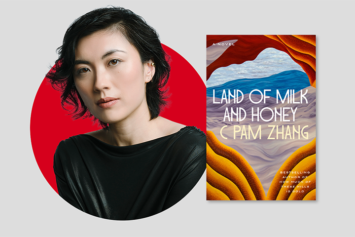 A woman with short black hair wearing a black top is pictured next to the cover of the book Land of Milk and Honey by C Pam Zhang, featuring colorful, abstract landscape artwork.