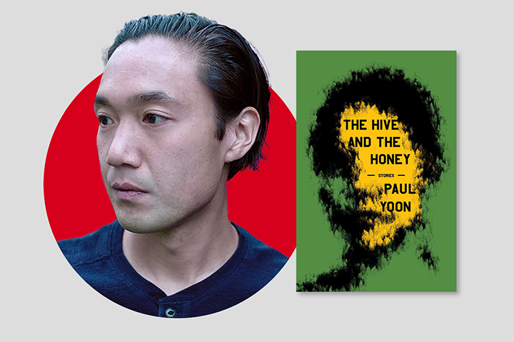 A man with dark hair looks to the side against a red circle background. Next to him is a book cover titled The Hive and the Honey by Paul Yoon, featuring a face obscured by black brushstrokes on a green and yellow background.