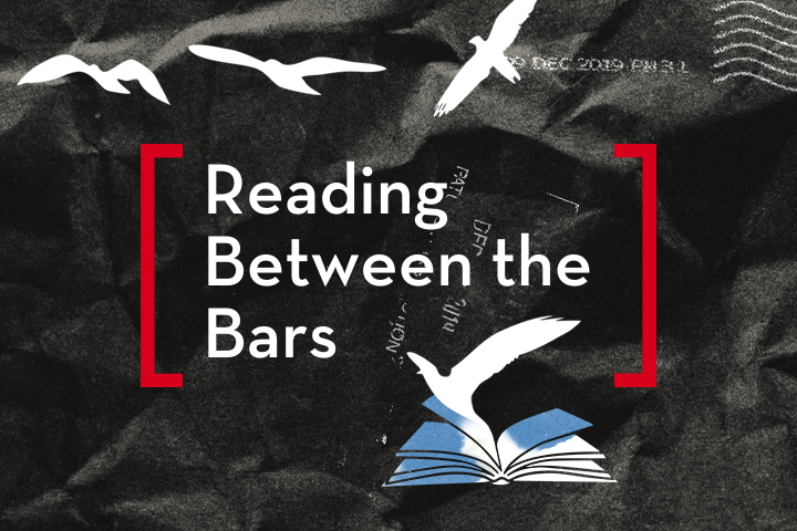 Crumpled black paper background with white birds flying. “Reading Between the Bars” is written in bold white text, framed by red brackets. A bird flies out from an open blue book below the text.
