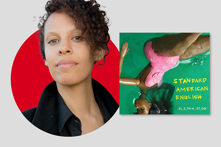 A woman with curly hair and a black shirt stands in front of a red circle. Next to her is an album cover featuring a doll in a pink swimsuit floating in green water, with text reading STANDARD AMERICAN ENGLISH and ELSTHMST_ON.