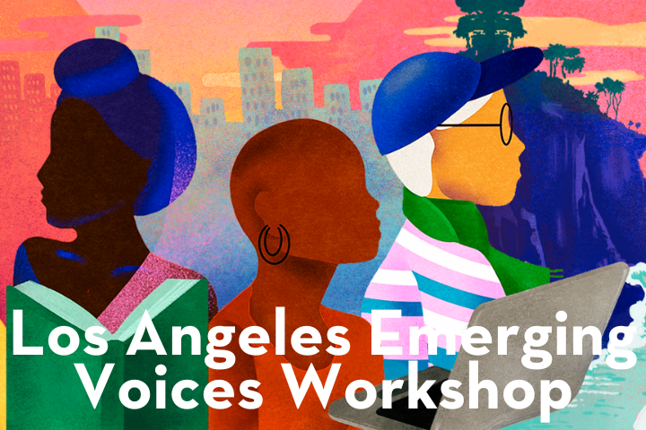 Three illustrated people of diverse backgrounds appear in front of a vibrant Los Angeles cityscape, representing PEN America community engagement. Bold white text at the bottom reads, “Los Angeles Emerging Voices Workshop.”.