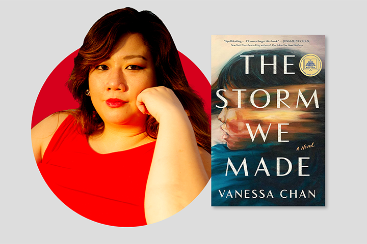A woman with long dark hair, wearing a sleeveless red top, rests her chin on her hand. Next to her is the book cover of The Storm We Made by Vanessa Chan, showing two blurred faces and bold title text.