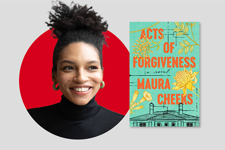 A smiling woman with curly hair wears gold hoop earrings and a black turtleneck. Next to her is the cover of the book Acts of Forgiveness by Maura Cheeks, featuring floral illustrations and a teal background.