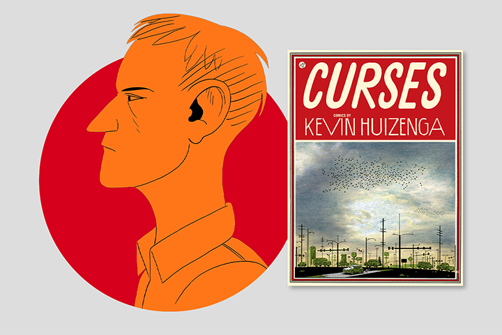 Illustration of a person with orange skin in profile next to the book cover for Curses by Kevin Huizenga, which features telephone poles, birds in the sky, and a cityscape.