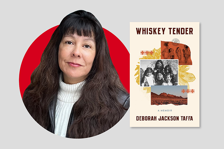 A woman with long dark hair and bangs wearing a white turtleneck and black jacket is shown next to the cover of the book Whiskey Tender: A Memoir by Deborah Jackson Taffa.