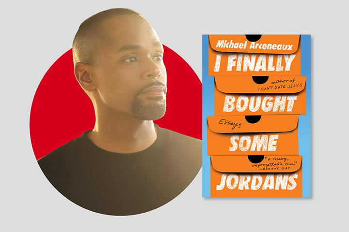 A portrait of a man with a goatee beside the book cover for I Finally Bought Some Jordans by Michael Arceneaux, featuring orange shoeboxes stacked on a blue background.