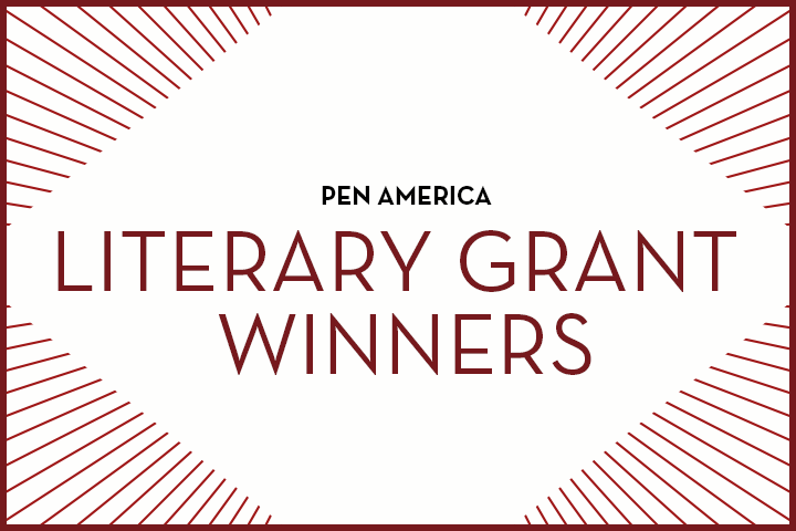 A graphic with the text PEN America Literary Grant Winners in the center, surrounded by a red geometric line pattern on a white background, celebrates recipients of prestigious literary grants.