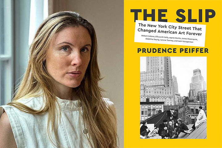 A woman with long blonde hair stands by a window in a sleeveless light top. Next to her is the cover of the book “The Slip” by Prudence Peiffer, featuring a black-and-white photo of city rooftops and people with tall buildings behind.