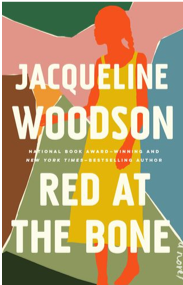 Book cover for Red at the Bone by Jacqueline Woodson, featuring a stylized illustration of a woman in a yellow dress against an abstract, multicolored background—a powerful story that resonates amid ongoing book bans.