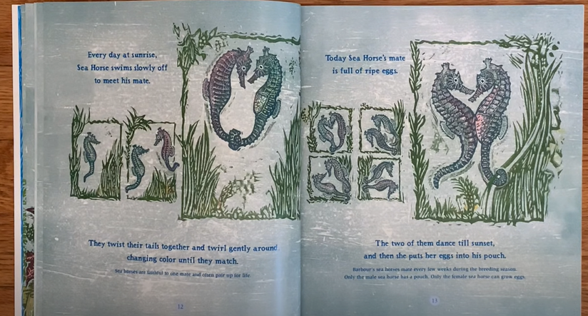 An illustrated children’s book spread shows sea horses swimming among sea plants, with text describing their mating process—an example of gentle storytelling that sometimes faces book bans despite its educational value.