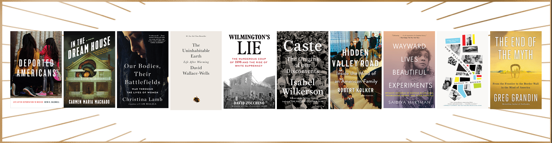 PEN/John Kenneth Galbraith Award for Nonfiction longlisted book covers; golden rays sticking out from both sides horizontally