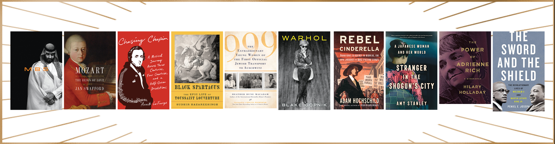 PEN/Jaqueline Bograd Weld Award for Biography longlisted book covers; golden rays sticking out from both sides horizontally