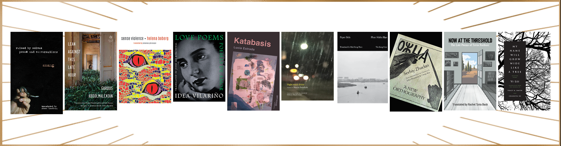 PEN Award for Poetry in Translation longlisted book covers; golden rays sticking out from both sides horizontally