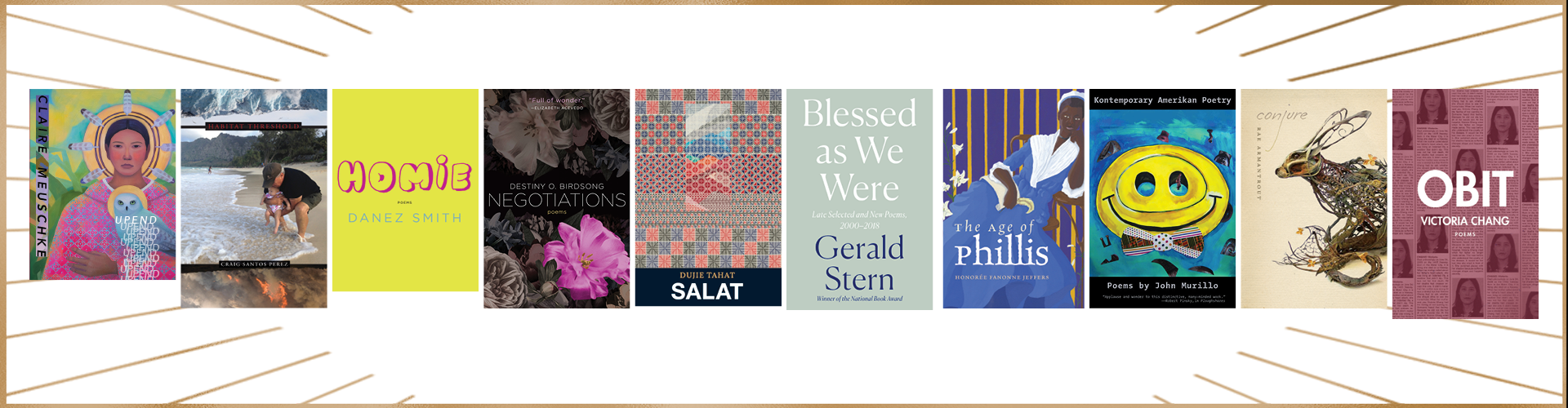 PEN/Voelcker Award for Poetry Collection longlisted book covers; golden rays sticking out from both sides horizontally