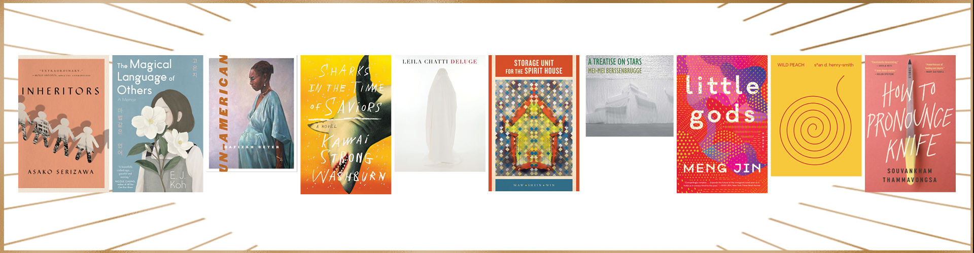 PEN Open Book Award longlisted book covers; golden rays sticking out from both sides horizontally