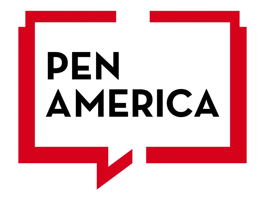 The PEN America logo features the words PEN AMERICA in bold black letters inside a red outlined speech bubble on a white background.