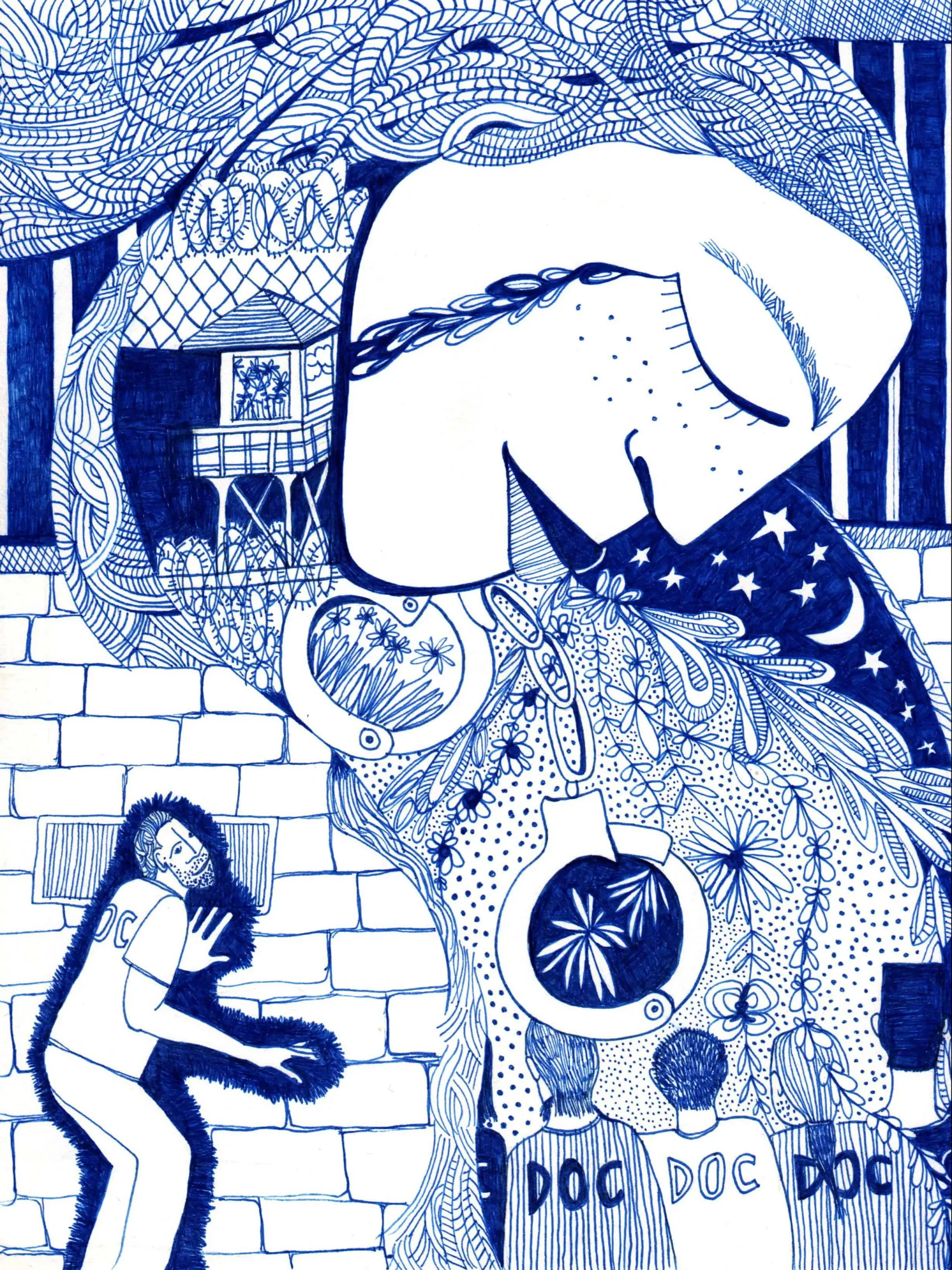A surreal blue ink drawing featuring a large serene face, a person in a DOC uniform, prison writing woven into intricate floral patterns, hanging ornaments, and three figures seen from behind—all set against a wall and decorated treehouse.