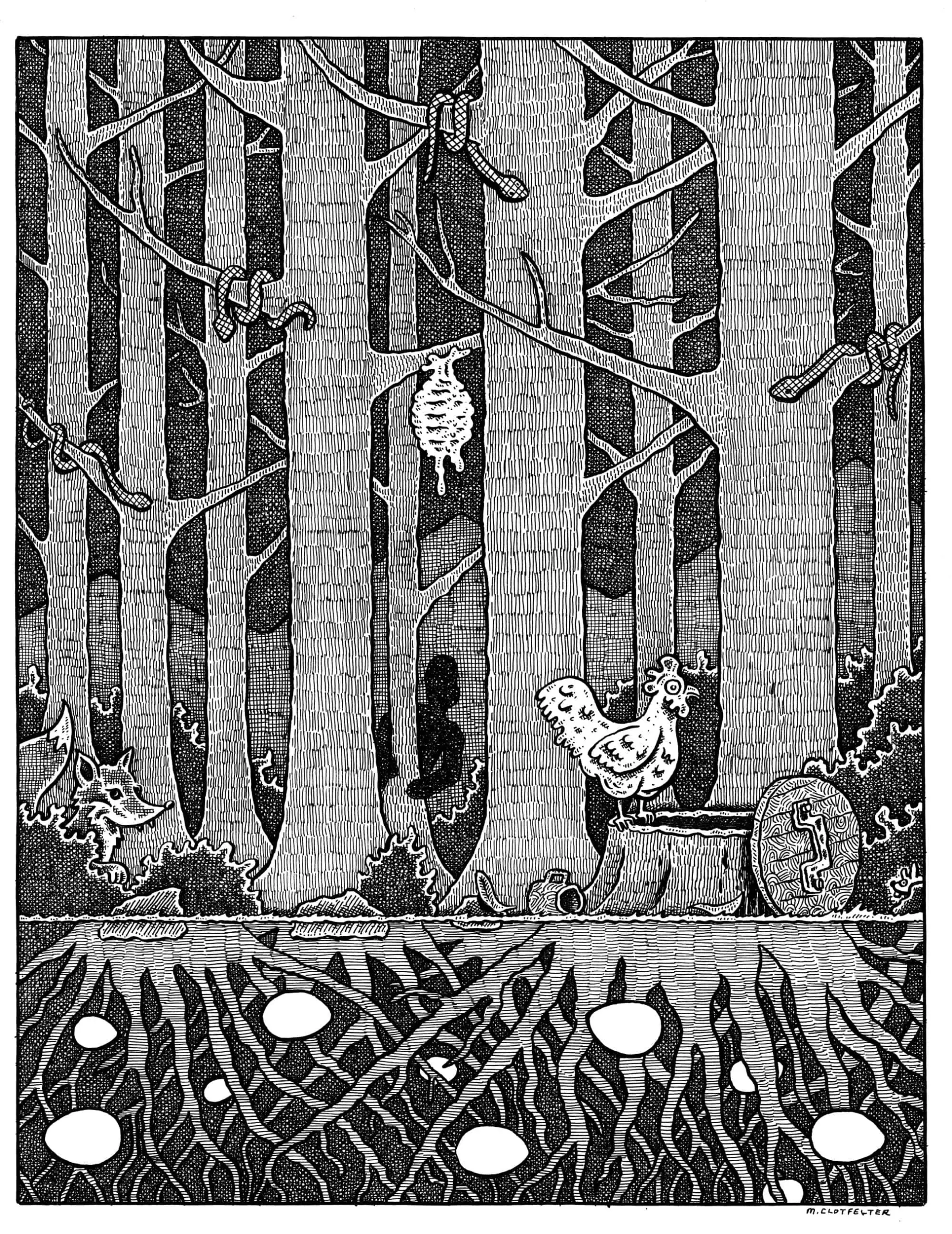 A black-and-white illustration of a forest with tall trees, a bat flying, a chicken on a stump, a barrel, and dense roots underground with eggs—echoing the raw atmosphere found in prison writing. A shadowy figure lingers in the background.
