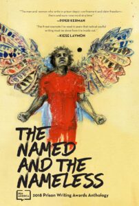 A drawing of a person with red clothing and colorful, butterfly-like wings stands with arms outstretched. The background is yellow. Text reads: The Named and the Nameless: 2018 Prison Writing Awards Anthology.
