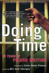 Cover of the book Doing Time: 25 Years of Prison Writing featuring a close-up of a hand gripping prison bars, with the title Doing Time and editor information overlaid on the image.