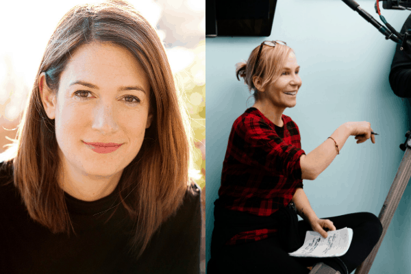 Side-by-side images: On the left, a woman with straight brown hair in a black top smiles gently. On the right, a smiling woman in a red plaid shirt gestures while holding papers near film equipment, capturing the spirit of teleplay excellence.