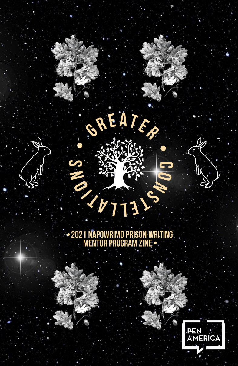 ‘Greater Constellations’ cover: leaves and rabbits floating in a starry sky