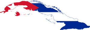 Outline of Cuba filled with the Cuban flag, featuring red, white, and blue stripes and a white star inside a red triangle.