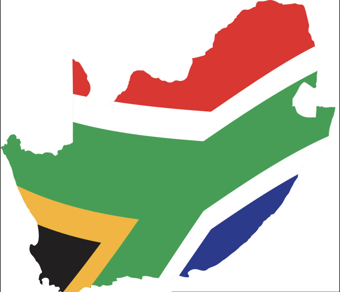 Outline of South Africa filled with the design and colors of the South African flag: red, green, blue, black, yellow, and white sections forming a geometric pattern.