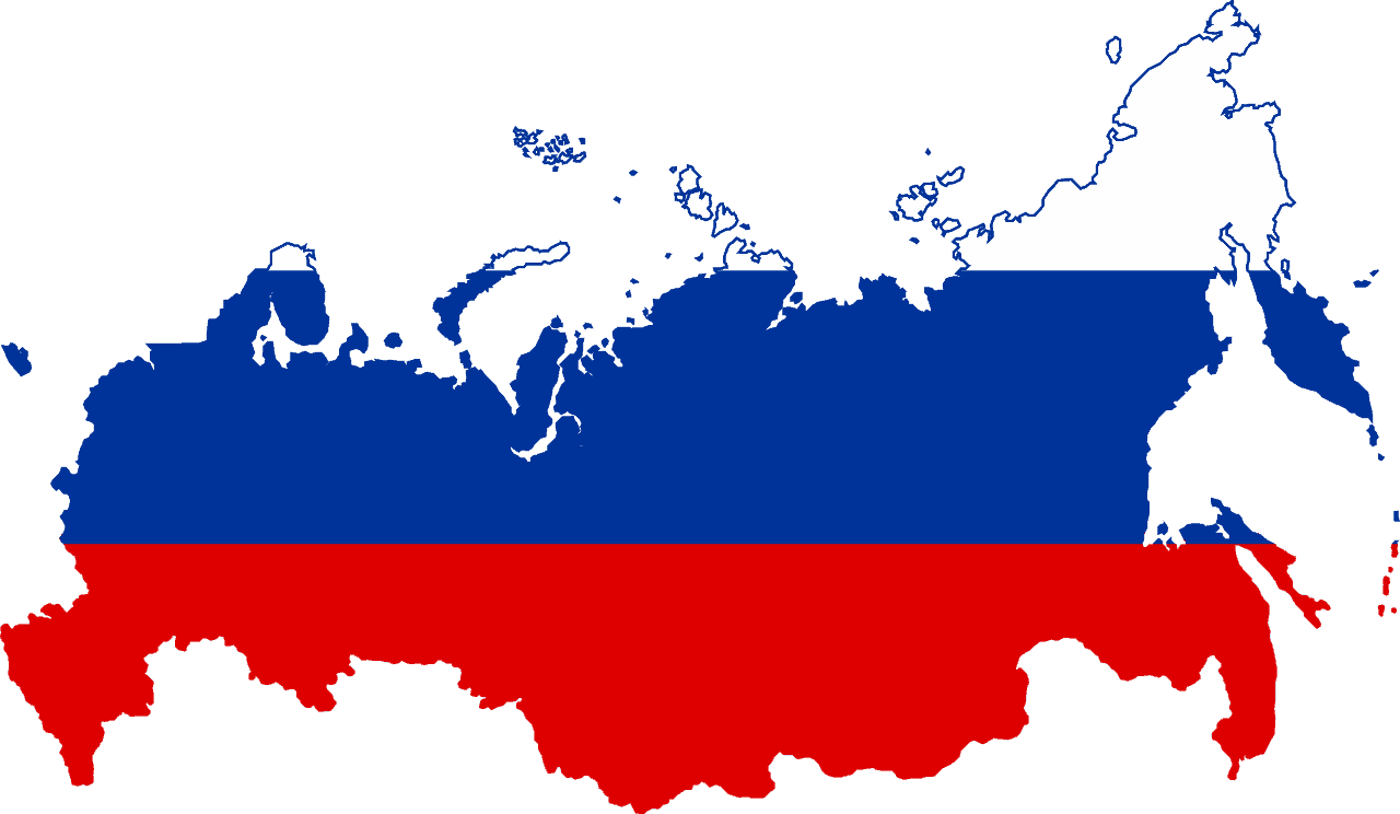 Map of Russia filled with the Russian flag colors: white on top, blue in the middle, and red on the bottom.