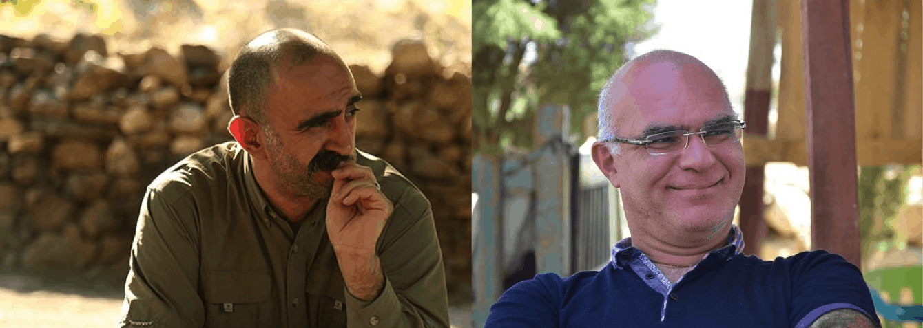 Side-by-side photos of two middle-aged men: the first with a mustache, short hair, and an olive shirt sitting outdoors; the second bald, wearing glasses and a navy shirt, smiling while seated outside.