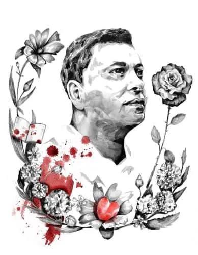 A black-and-white portrait of a man is surrounded by detailed flowers and leaves, with red splashes accenting some blooms and areas, creating a vibrant, artistic composition.