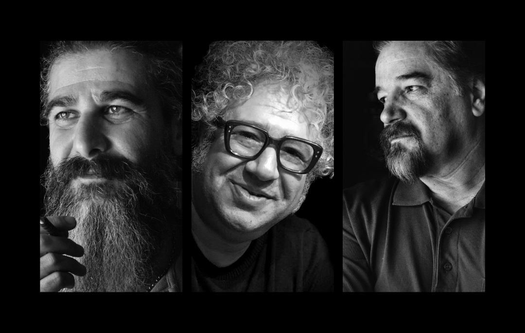 A black-and-white collage featuring portraits of three middle-aged men with beards; the left man has long hair and a thick beard, the center man has curly hair and glasses, and the right man looks away thoughtfully.