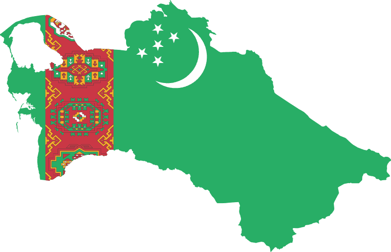 Map outline of Turkmenistan filled with the country’s flag: a green background, white crescent moon, five white stars, and a red stripe with traditional carpet patterns along the left side.