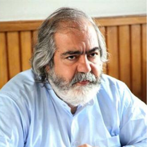 A middle-aged man with gray hair and a beard wearing a light blue shirt sits indoors in front of a wooden panel wall, looking thoughtfully ahead.