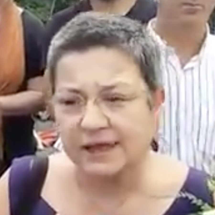 A woman with short gray hair and a serious expression is speaking outdoors, with several people standing behind her.
