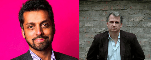 Side-by-side portraits: on the left, a man with dark hair and beard in a suit against a bright pink background; on the right, a man with gray hair in a dark jacket stands in front of a brick wall.