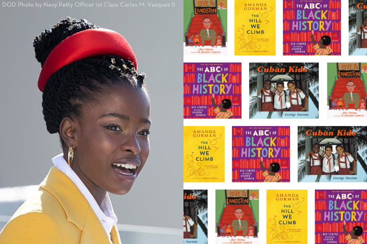 Amanda Gorman smiles outdoors wearing a red headband and white coat. Beside her is a collage of book covers, including The ABCs of Black History and The Hill We Climb, spotlighted in a recent banned book giveaway.