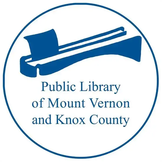 A blue and white circular logo with a stylized building above the text Public Library of Mount Vernon and Knox County, reminiscent of classic covers like Maus.