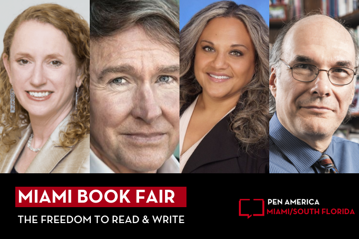 A promotional image for the Miami Book Fair showcases headshots of four diverse authors. At the bottom, text reads: Miami Book Fair: The Freedom to Read & Write and PEN America Miami/South Florida.