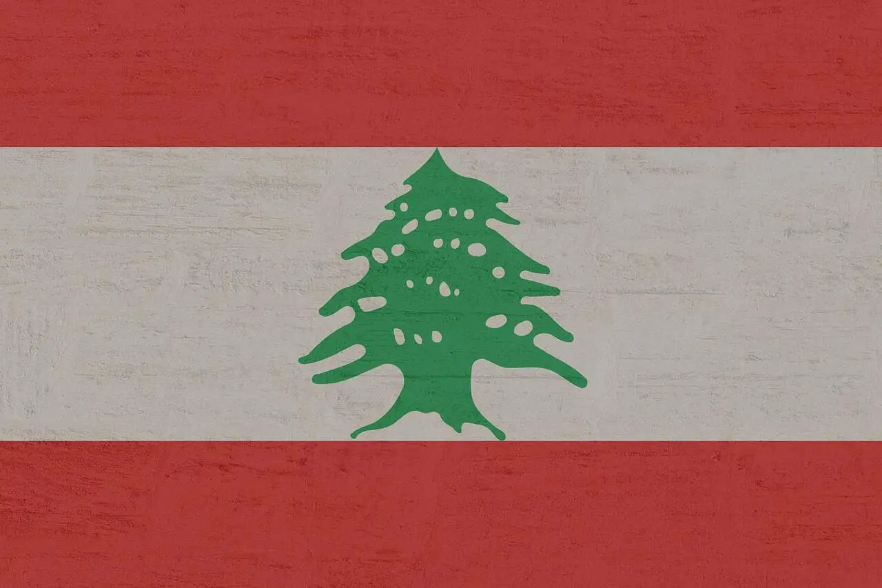 The image shows the flag of Lebanon: two horizontal red stripes at the top and bottom, with a white stripe in the middle featuring a green cedar tree in the center.