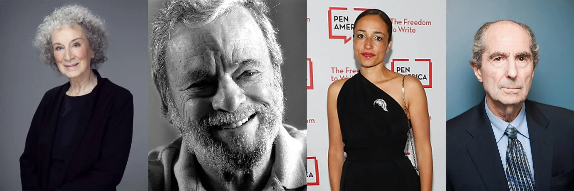 Four portraits of famous authors: an older woman with curly gray hair in black, an older man with a beard smiling in black and white, a woman in a black dress, and an older man in a suit against a gray background.
