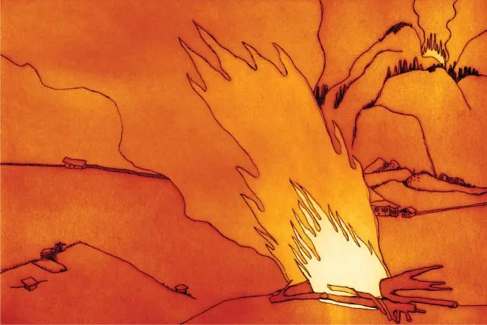 A stylized orange and yellow illustration shows a large fire burning through a landscape, with flames engulfing buildings in the foreground and another blaze on hills in the background. Several structures and trees are outlined.