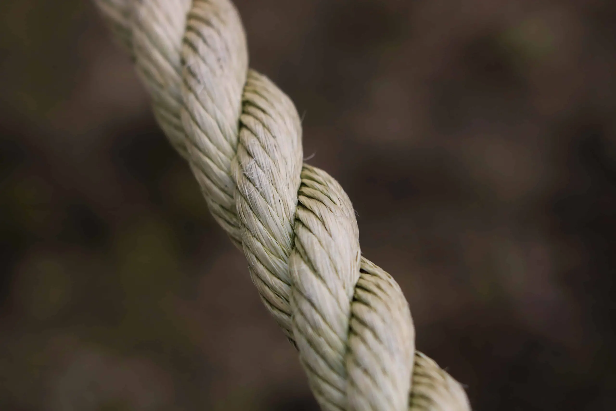 Close-up view of a thick, twisted rope with visible fibers, its intricate texture almost resembling the tangled threads of glossolalia, set against a blurred brown and green background.