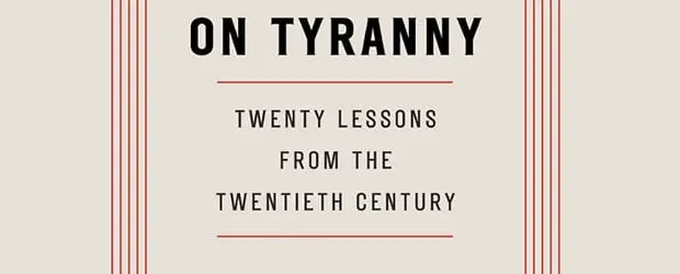 Book cover with beige background and red vertical lines framing the title On Tyranny: Twenty Lessons from the Twentieth Century in bold, black text—an excellent pick for your next book club discussion.