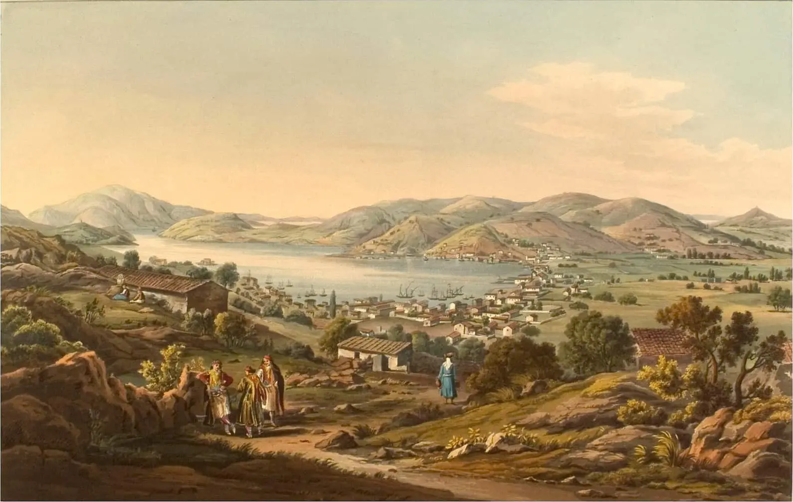 A scenic, historical painting shows a group of people in colorful clothing on a hillside overlooking a coastal town by a bay, with mountains and ships in the background under a soft sky.